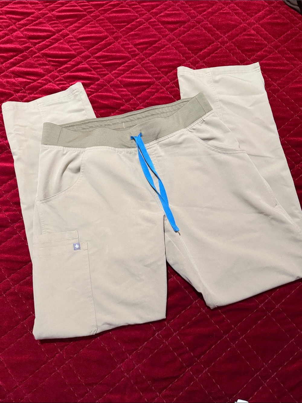 FIGS Women's Kade Pants in Sandstone with Blue Drawstring